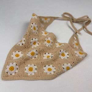 Vintage Style Crochet Daisy Bandana Blue Floral Head Scarf Cottagecore Festival